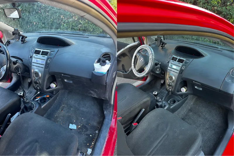 Toyota Yaris avant et après nettoyage intérieur : tapis de sol pleins de débris puis console et moquettes propres